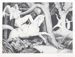 Stephen Gooden, Hunting Scene in a Forest, 1923, engraving on cream wove paper