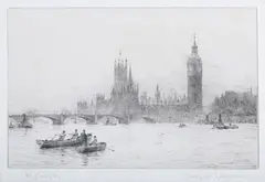 Rowland Langmaid, London, Westminster from the River, etching