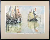 Hans Figura, Sailing Vessels on a Venetian Lagoon, etching on silk
