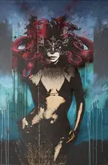 Jim Starr, Medusa, mixed media screenprint with spray paint on canvas laid onto board