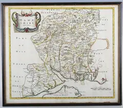 Robert Morden, Hampshire' (Map of the County), copper engraving with hand-colouring on laid paper