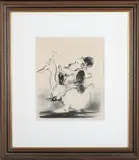 Edmund Blampied, Bowler-hatted Dog clutching a Bottle of Champagne and smoking a Cigar seated on a Duck