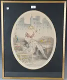 Bird Seller/Marchande de Oiseaux by Louis Icart, oval colour etching with aquatint circa 1929, sold Aug 2022