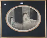 French Doll/Poupé Moderne by Louis Icart, oval colour etching circa 1926, sold Aug 2022