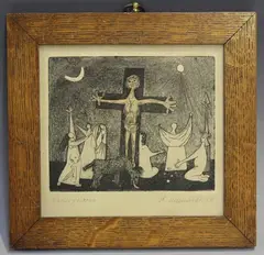 Anne Wienholt, Crucifixion, etching with hand-colouring