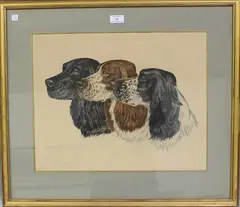 Jean Herblet, Head Studies of Setters, etching with stipple and hand-colouring