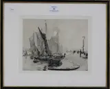 William Lionel Wyllie, Vessels in a Harbour with Figures on a Quayside