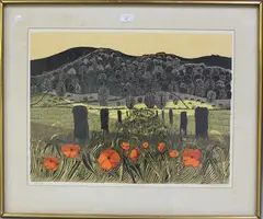 Robert Taverner, Poppies & Downs (No. 3), artist's proof colour linocut circa 1970