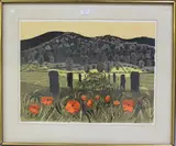 Robert Taverner, Poppies & Downs (No. 3), artist's proof colour linocut circa 1970