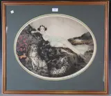 Thaïs (Lady with Leopards) by Louis Icart, oval colour etching, sold Apr 2022