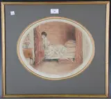 Pink Alcove/L'Alcôve Rose by Louis Icart, oval colour etching, sold Apr 2022