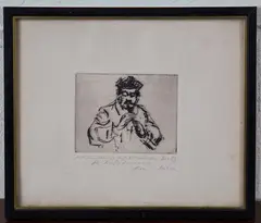 Portrait of a Musician playing a Woodwind Instrument by Milein Cosman, etching, sold Nov 2021