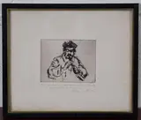 Milein Cosman, Portrait of a Musician playing a Woodwind Instrument, etching
