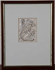 David Jones, Reclining Cat, engraving in sepia brown ink on vellum