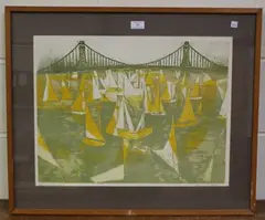 Charles Bartlett, Sailing Dinghies near a Bridge, colour etching with aquatint