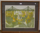 Charles Bartlett, Sailing Dinghies near a Bridge, colour etching with aquatint