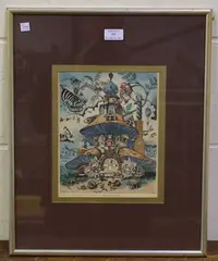 Patrick Woodroffe, Mushroom Farm, 1972, hand-coloured etching