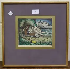 Patrick Woodroffe, Mickey in his Cave, 1971, hand-coloured etching
