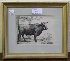 Paulus Potter, The Bull, monochrome etching