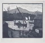 Maud Llewellyn Wethered, Harbour Scene with Boats and Figures, woodcut
