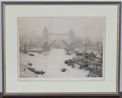 William Lionel Wyllie, Tower Bridge' (View from Butler's Wharf, London), monochrome etching