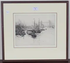 William Lionel Wyllie, Tower Bridge and the River Thames, monochrome etching