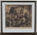 Frank Brangwyn, A Procession of People at the Foot of a Hill Fort, etching