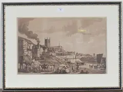 Paul Sandby, View of a Cathedral on the Bank of a Canal, sepia etching with aquatint