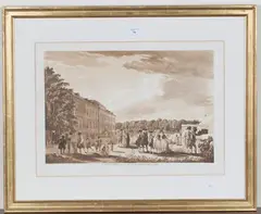 Paul Sandby, The Encampment in the Museum Garden MDCCLXXX, sepia aquatint published 1783