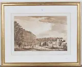 Paul Sandby, The Encampment in the Museum Garden MDCCLXXX, sepia aquatint published 1783