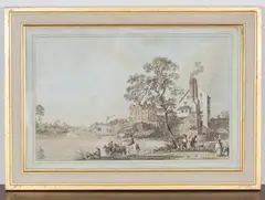 Paul Sandby, Industry on the Bank of a River, hand-tinted aquatint
