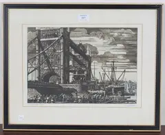 Clarence E. Blackburn, The Tower Bridge, London, monochrome etching heightened with white
