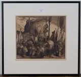 Frank Brangwyn, A Procession of People at the Foot of a Hill Fort, etching