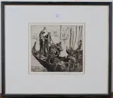 Frank Brangwyn, Figures on Gondolas, Venice, etching