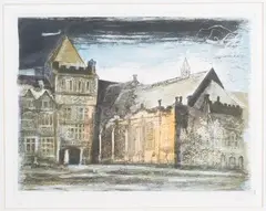 André Bicí¢t, View of a Gothic Building, possibly a School, colour etching
