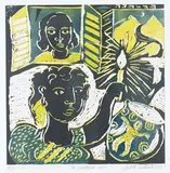Juliette Goddard, The Shuttered Room, colour linocut