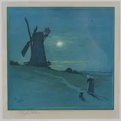 Cecil Aldin, The Mill (Woman and Dog approaching a Windmill), colour lithograph circa 1924