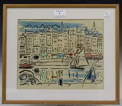 René Piaggi, Port d'Honfleur, monotype with hand-colouring