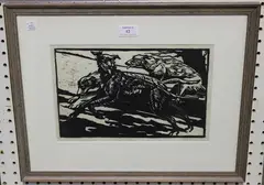 M.H. Wigan, Lurcher Dogs running, 20th century woodblock, signed in pencil