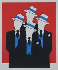 Veronica Charlesworth, Four Faceless Figures wearing Suits and Fedora Hats, screenprint