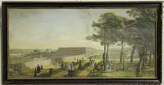 Jacques Rigaud, Prospect of Hampton Court, etching with engraving and later hand-colouring