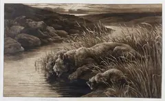 Peace (Lions on a Riverbank) by Herbert Dicksee, etching on vellum, sold Nov 2019