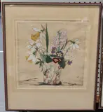 Elyse Ashe Lord, Spring Flowers in a Chinese Vase, etching with hand-colouring