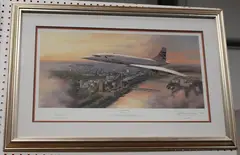Adrian Rigby, Pride of Britain' and 'Flying the Flag' (Concorde over London and New York), two 20th century colour prints, both signed by the artist and pilot Christopher Orlebar, and editioned 471/500 and 445/500 in pencil respectively