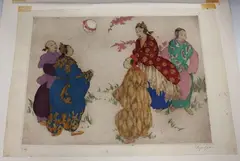 Japanese Ladies playing Kemari by Elyse Ashe Lord, etching with drypoint and hand-colouring, sold Aug 2019