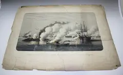Louis Le Breton, Combat Naval livré sur la Rade de Hampton entre L'Escadre Fédérale' (American Civil War Naval Battle between USS Monitor and CSS Virginia), stone lithograph with near period hand-colouring