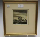 Rowland Hilder, Farm Buildings and Trees, etching