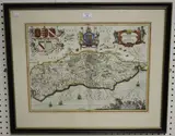 Jan Janssonius, Suthsexia vernacule Sussex' (Map of the County), engraving with later hand-colouring on laid paper