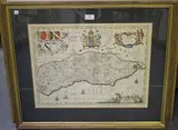 Jan Janssonius, Suthsexia vernacule Sussex' (Map of the County), engraving with later hand-colouring on laid paper