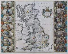 Jan Janssonius, Britannia prout divisa fuit temporibus Anglo-Saxonum praesertim durante illorum Heptarchia' (Map of the British Isles), engraving with later hand-colouring on laid paper